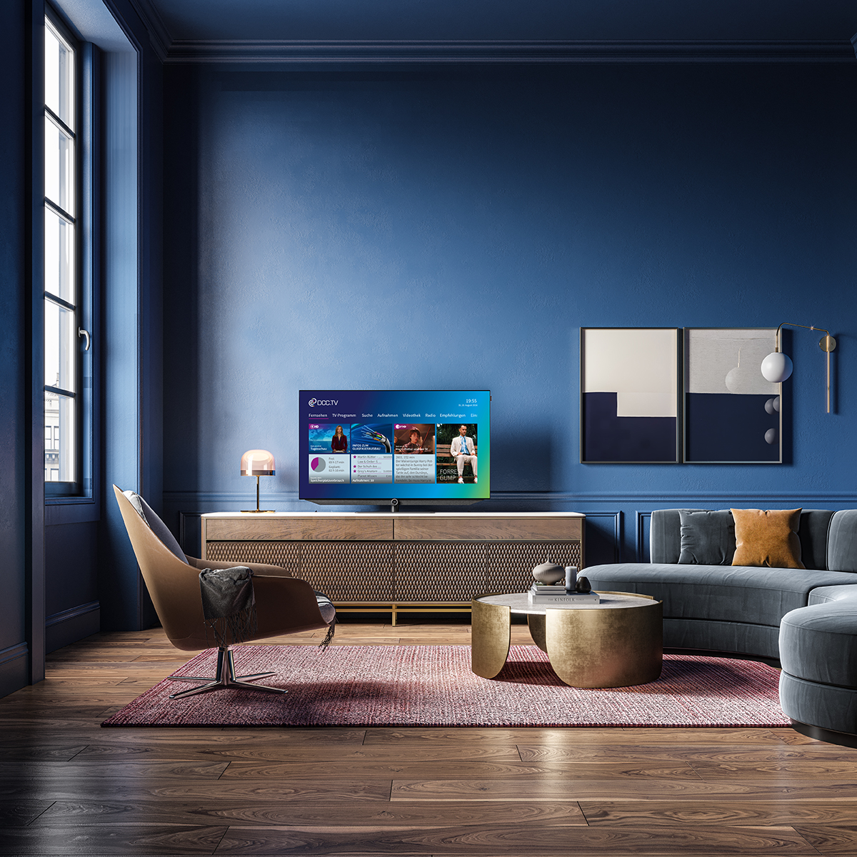 Fernseher mit DCC.TV-Screen in modernem Wohnzimmer